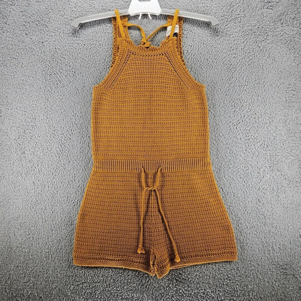 Universal Thread Women 100%‎ Cotton Yellow Brown Tie Front Romper Size XS